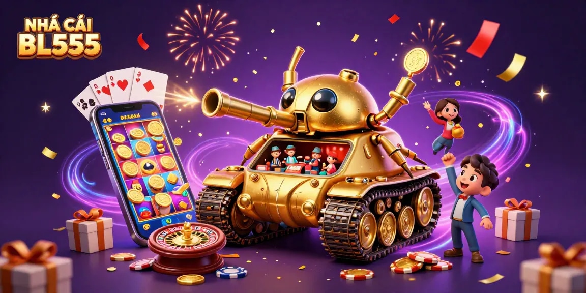 Experience the thrilling world of NHÀ CÁI BL555 with this colorful casino scene full of excitement.
