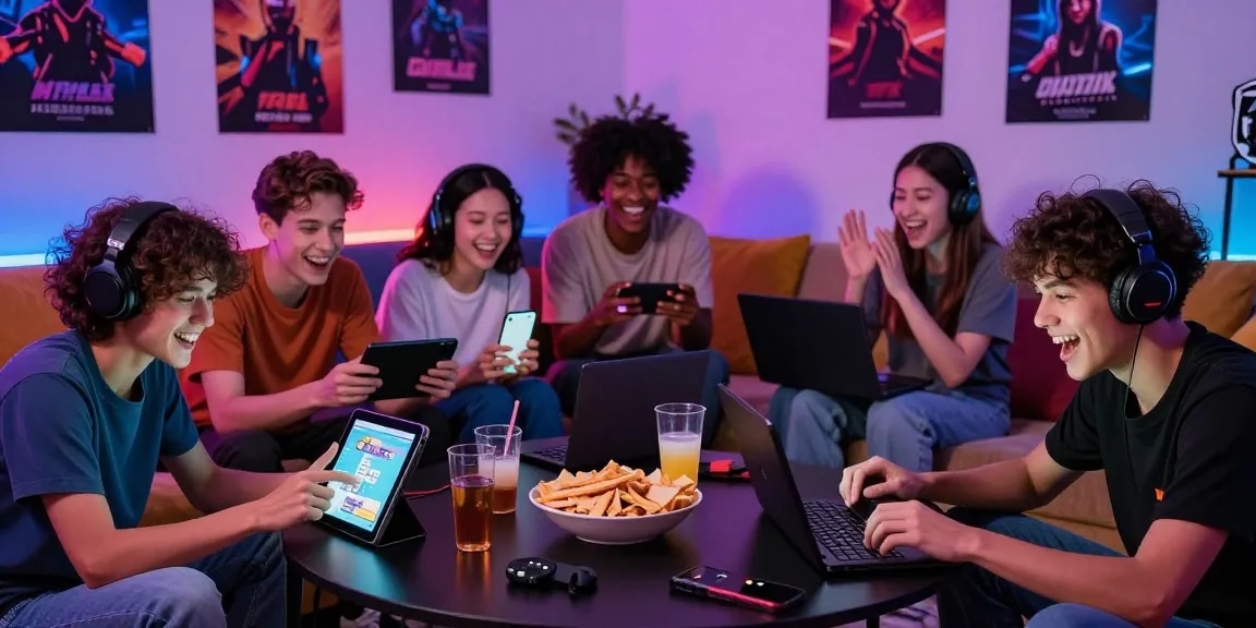Exciting group of friends playing hentaigames on multiple devices in a cozy living room.