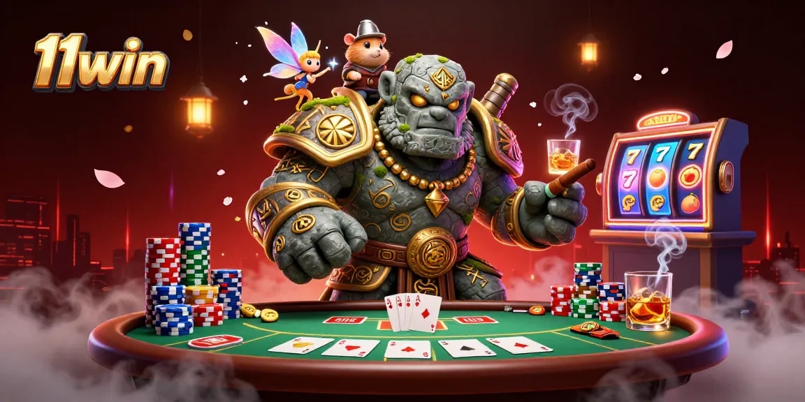Experience the thrill of 11win casino with vibrant poker and slot elements in a dynamic 3D scene.