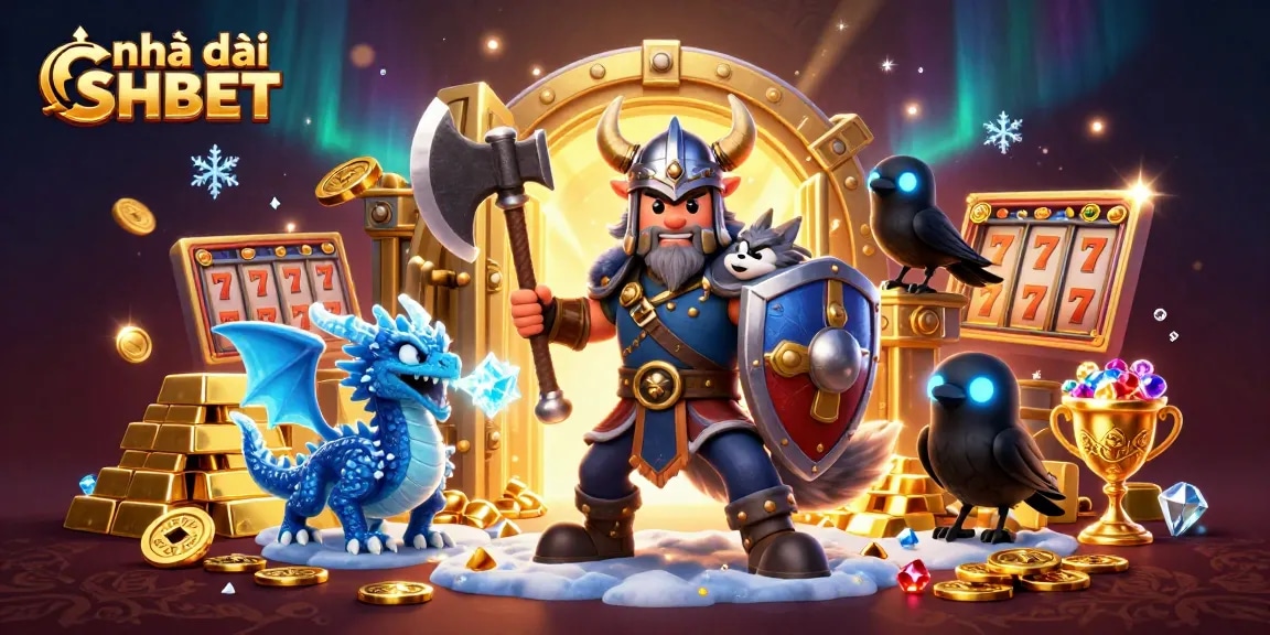 Engage with Nhà cái SHBET in a vibrant 3D casino world featuring warriors, dragons, and treasure.