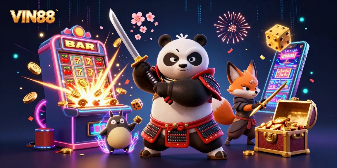 Join the excitement at VIN88 with a dynamic 3D illustration of gaming action featuring a samurai panda and ninja fox.