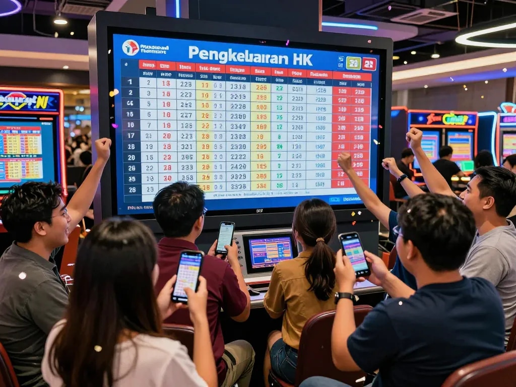 Perayaan hasil lotere Pengeluaran HK di lounge permainan yang penuh warna dengan para pemain antusias memeriksa nomor mereka.
