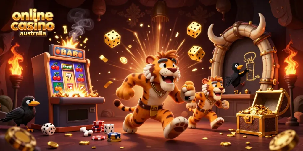 Experience the thrill of online casino australia with a vibrant prehistoric scene featuring a caveman duo and their clever crow companion.