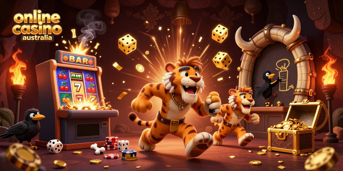 Experience the thrill of online casino australia with a vibrant prehistoric scene featuring a caveman duo and their clever crow companion.