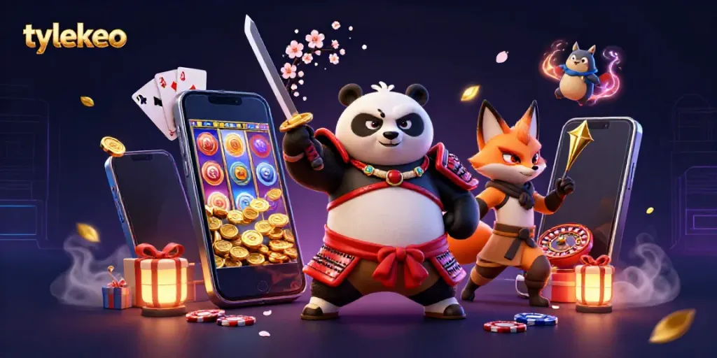 Engaging scene featuring tylekeo-themed characters amidst dynamic gambling elements and vivid casino symbols.
