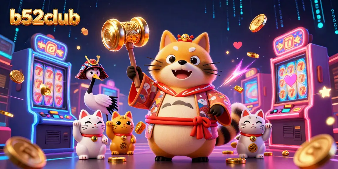 Experience the excitement of b52club with a festive cartoon tanuki, colorful slot machines, and neon energy.