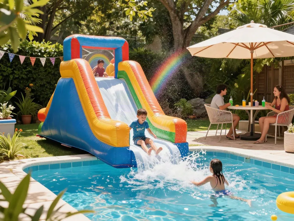 Kids enjoying a water slide on a sunny day, splashing into a pool.