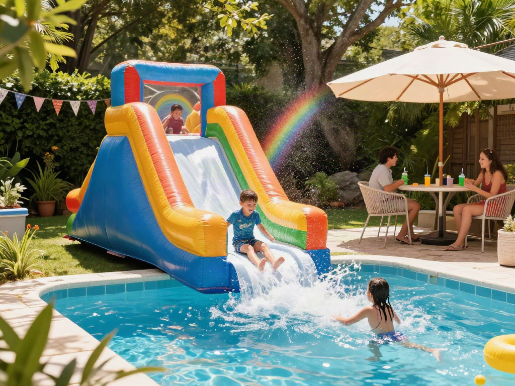 Kids enjoying a water slide on a sunny day, splashing into a pool.