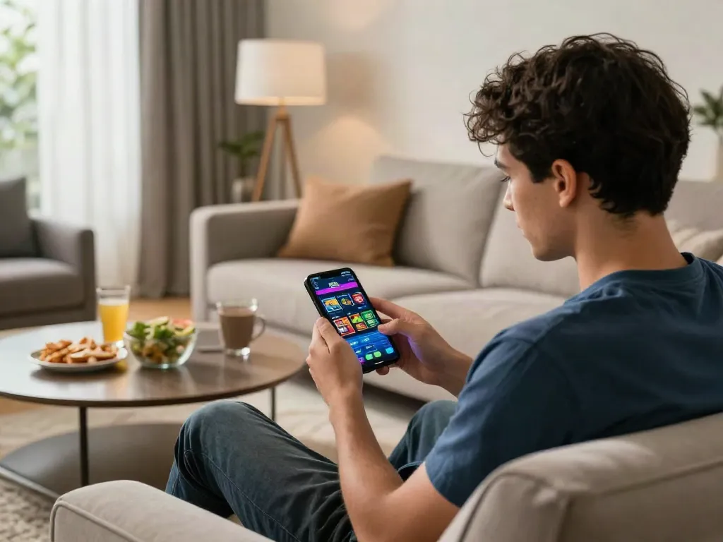 Player enjoying m88 link mobile in a cozy living room, engaging with sports betting on a mobile device.