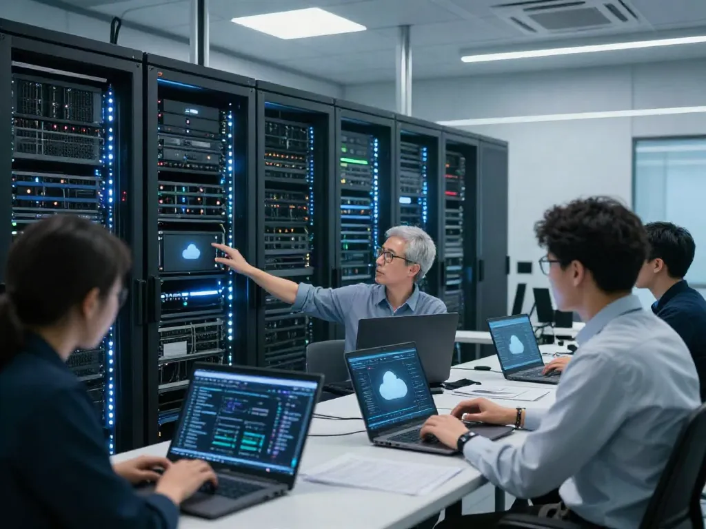 Configuration review in a modern data center with illuminated servers illustrating cybersecurity best practices.