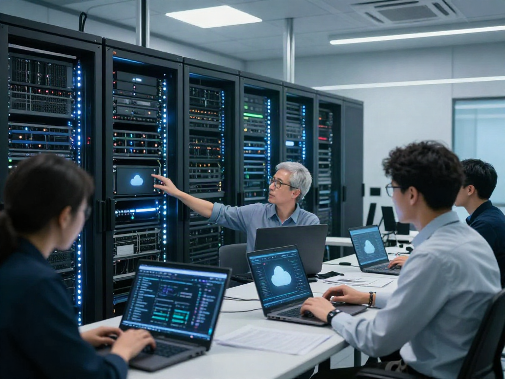 Configuration review in a modern data center with illuminated servers illustrating cybersecurity best practices.