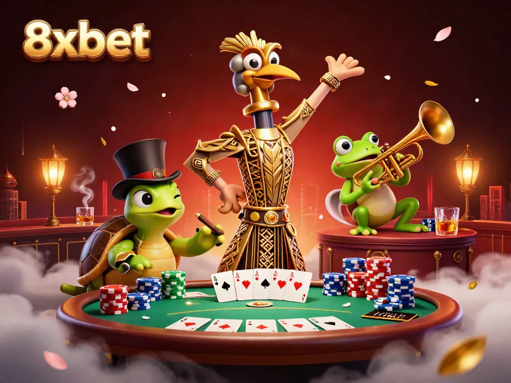 Experience thrilling 8xbet gaming with vibrant 3D cartoon scene filled with poker excitement and characters.