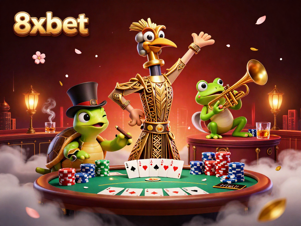 Experience thrilling 8xbet gaming with vibrant 3D cartoon scene filled with poker excitement and characters.
