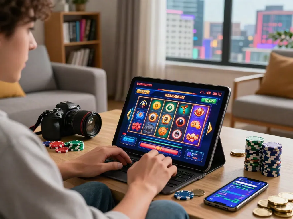 Exciting gaming environment featuring a player engaging with situs slot on a tablet, surrounded by vibrant game visuals and gaming accessories.