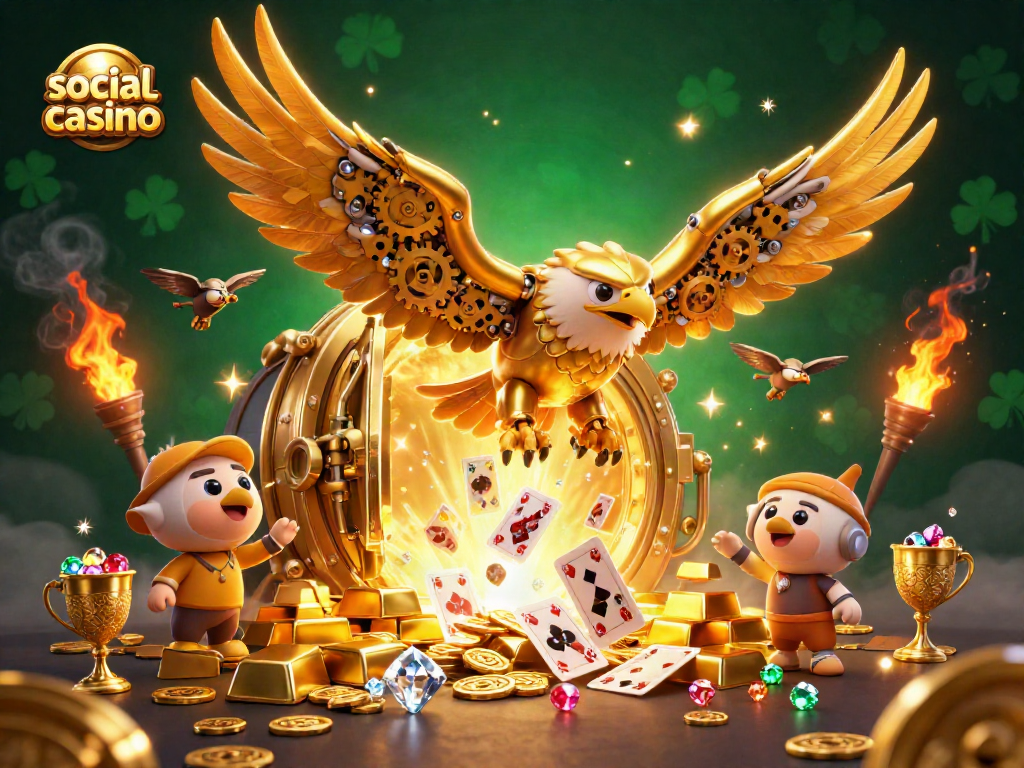 Engage in a thrilling social casino experience with a golden eagle in a vibrant 3D scene.