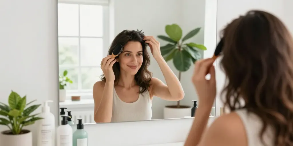 Applying scalp hair fill-ins in a bright bathroom for natural hair enhancement.