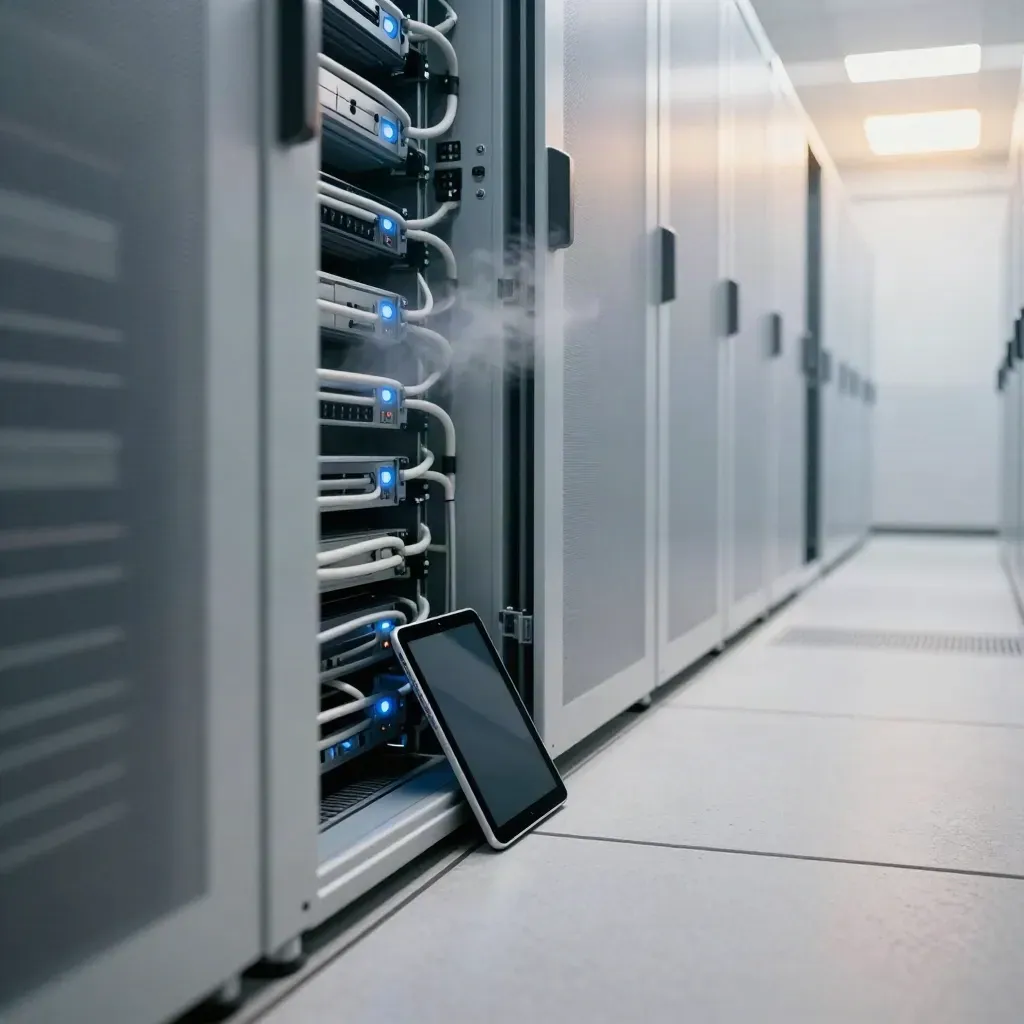 Chilled data-center aisle with blue status lights, frosted glass, and a closed tablet by a privacy screen.