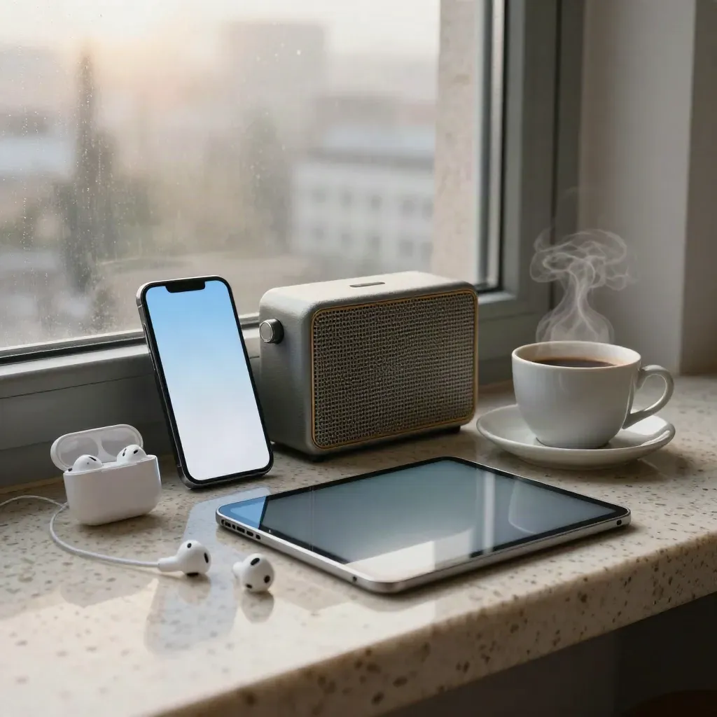 Sunrise news briefing still life with glowing phone, radio, earbuds, tablet, and coffee on stone