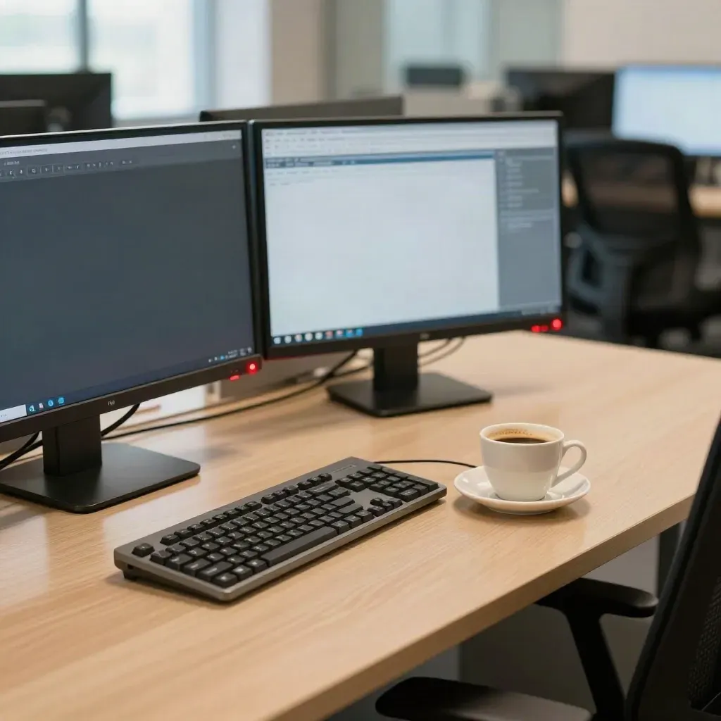 Trading desk at market open, monitors glowing, keyboard, coffee cup and pushed-back chairs on warm wood.