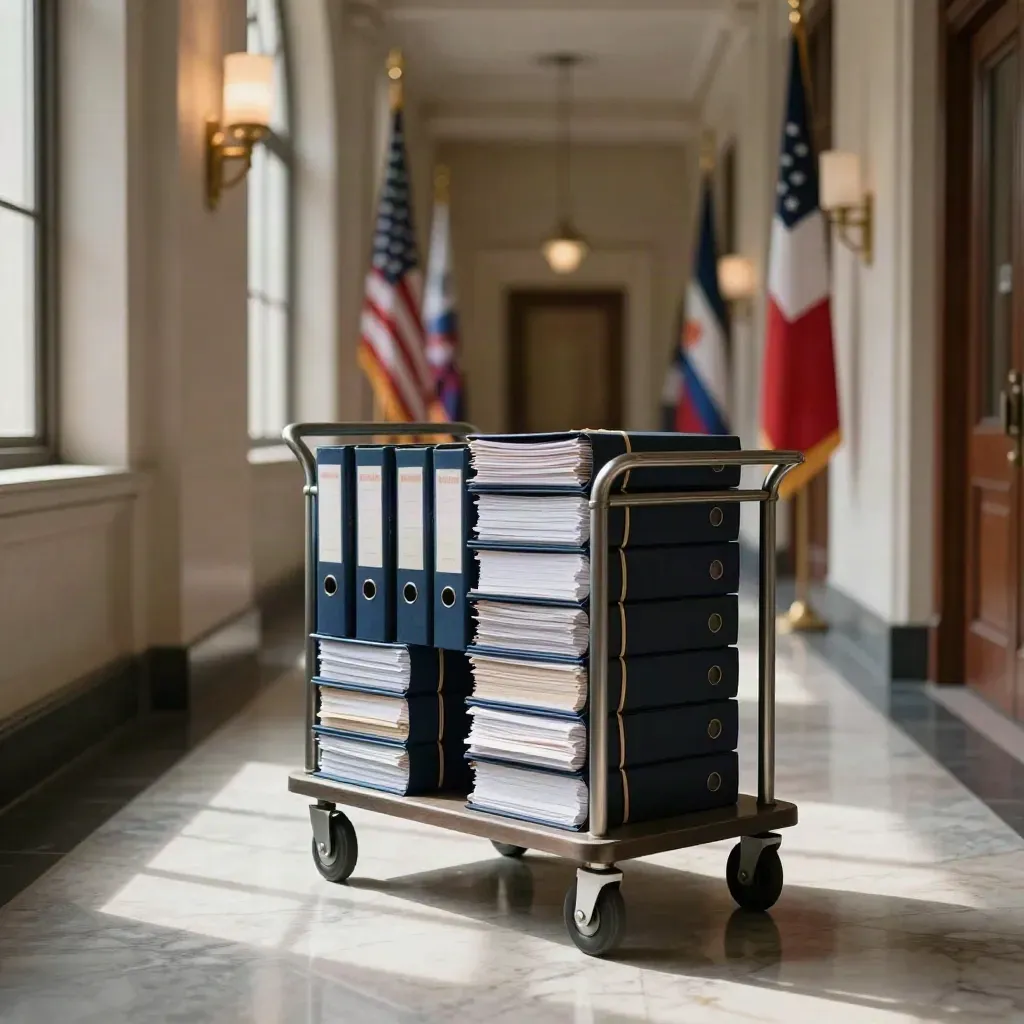 Empty Capitol hallway with a cart of sealed navy briefing binders, brass sconce, and blurred flags