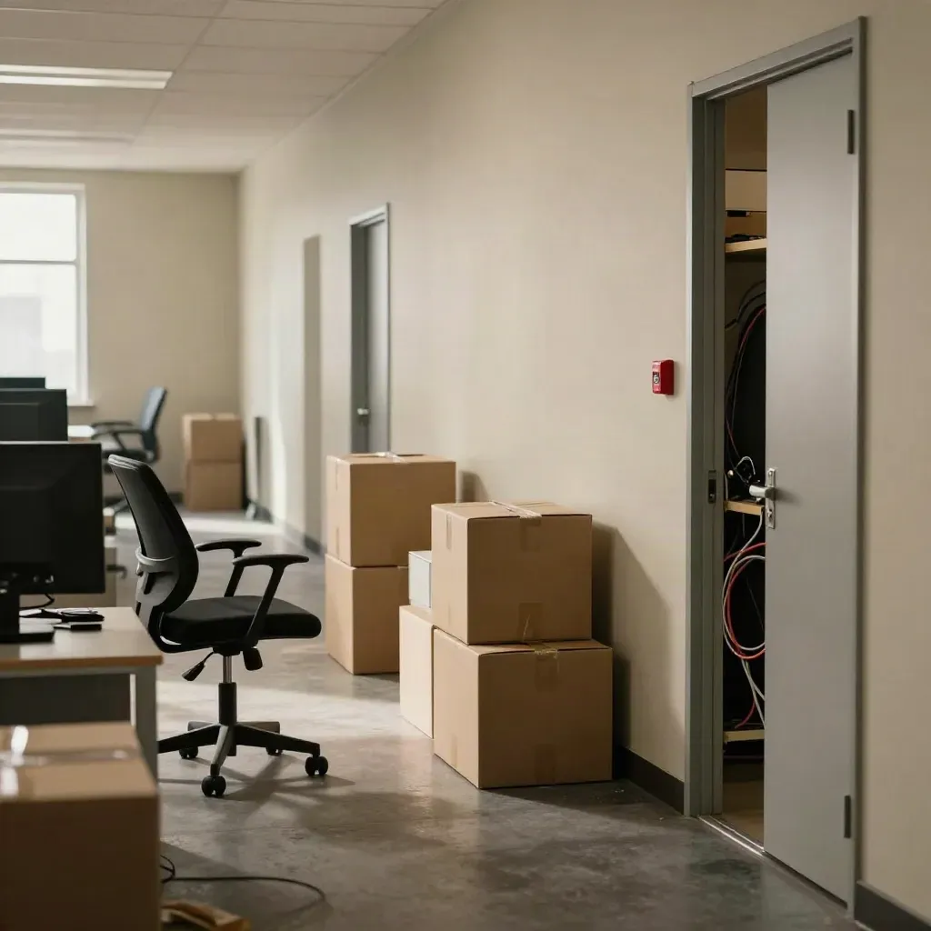 Empty office corridor with boxes, dark monitors, a tipped chair, and a half-open storage door.