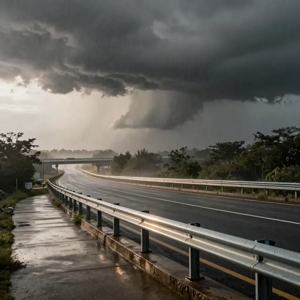 Storm wall over a wet highway interchange with guardrails, trees, and distant overpasses.