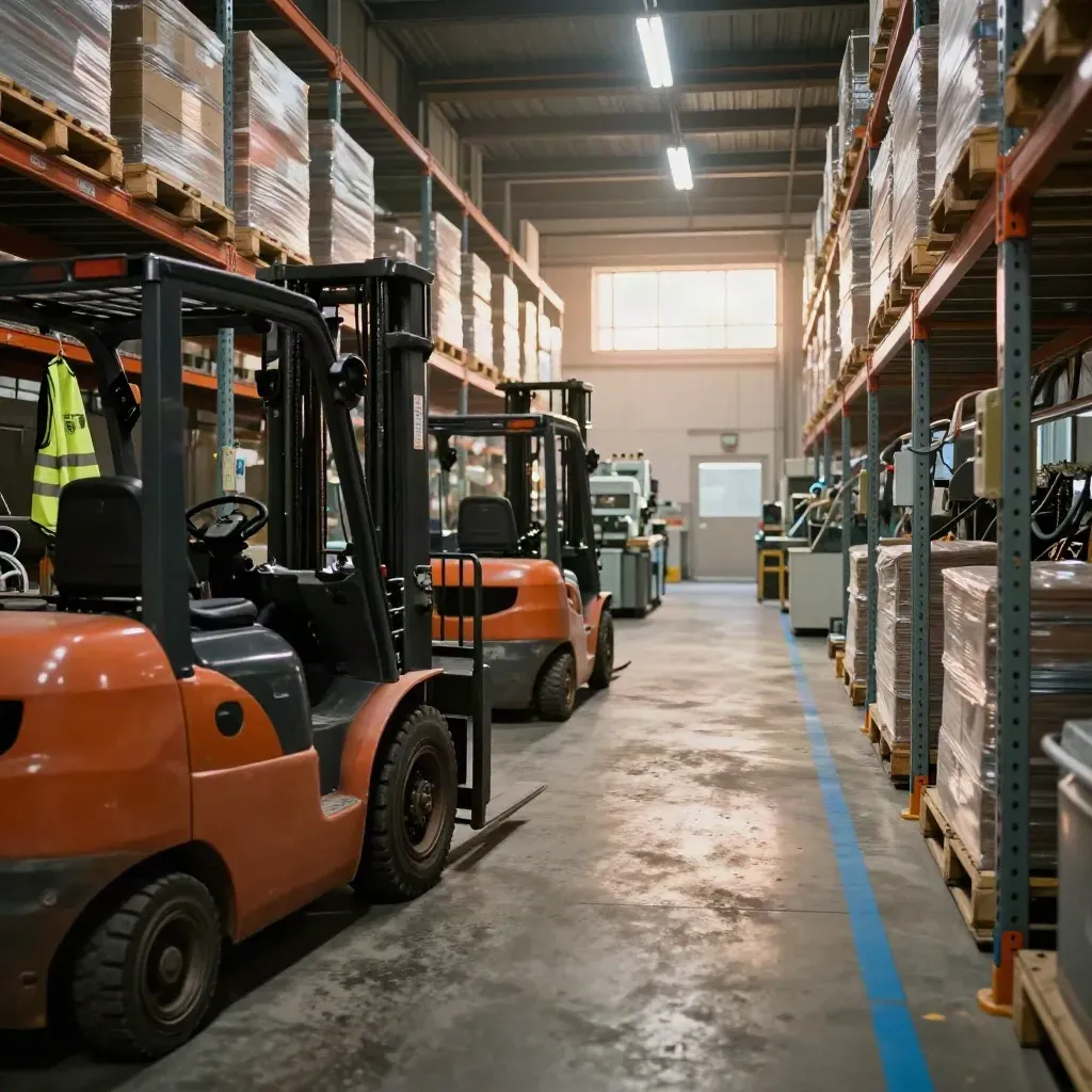Parked forklifts and hanging safety vests in a quiet factory aisle lit by morning sun.