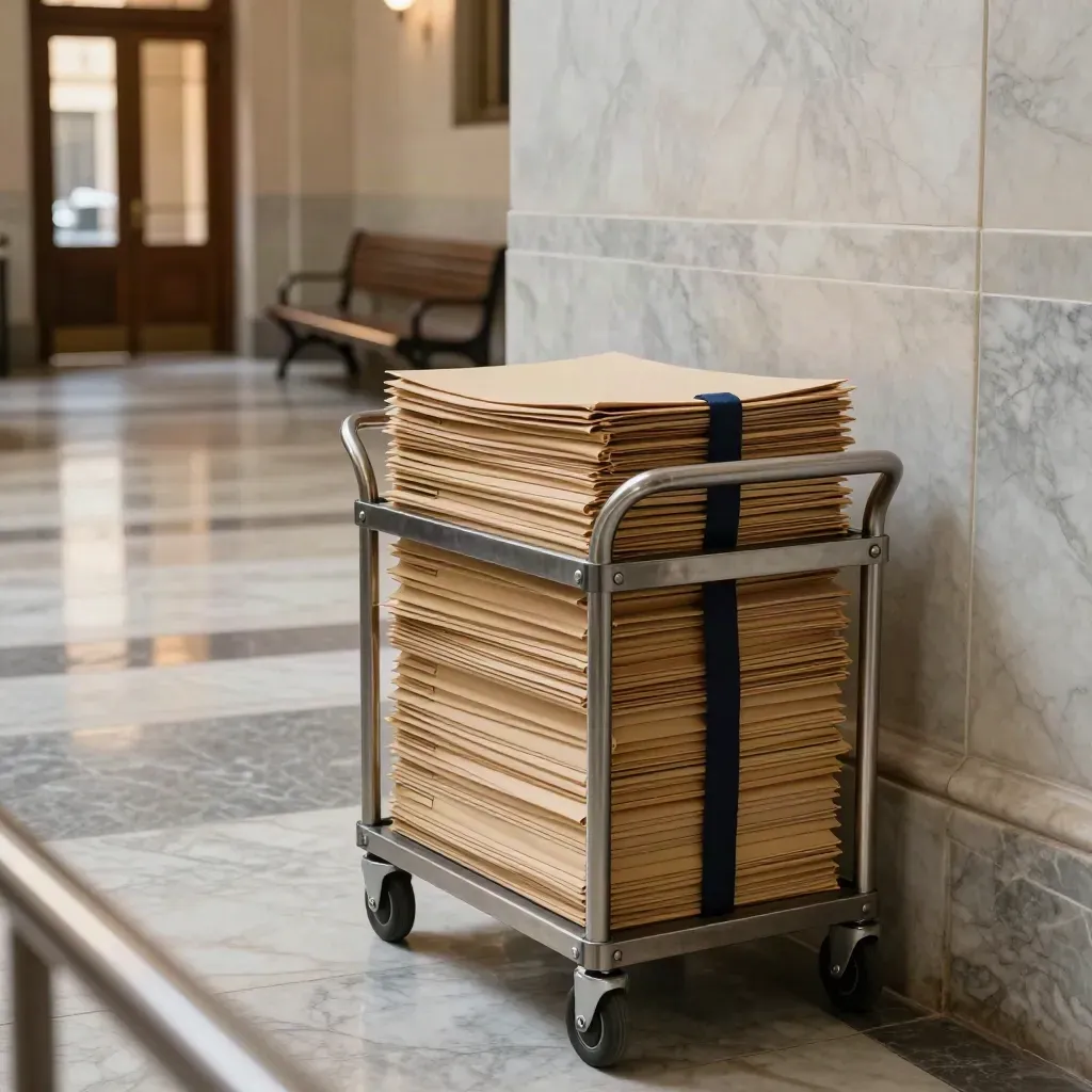 Metal cart of sealed case folders in a marble courthouse hall by a rain-lit doorway.