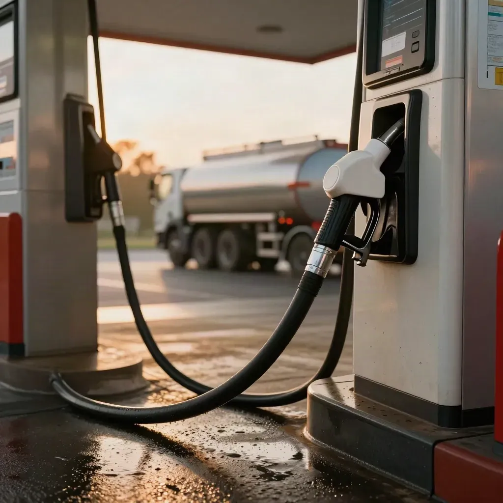 White nozzle in a roadside pump, tanker truck blurred behind, heat haze over damp asphalt at dusk.