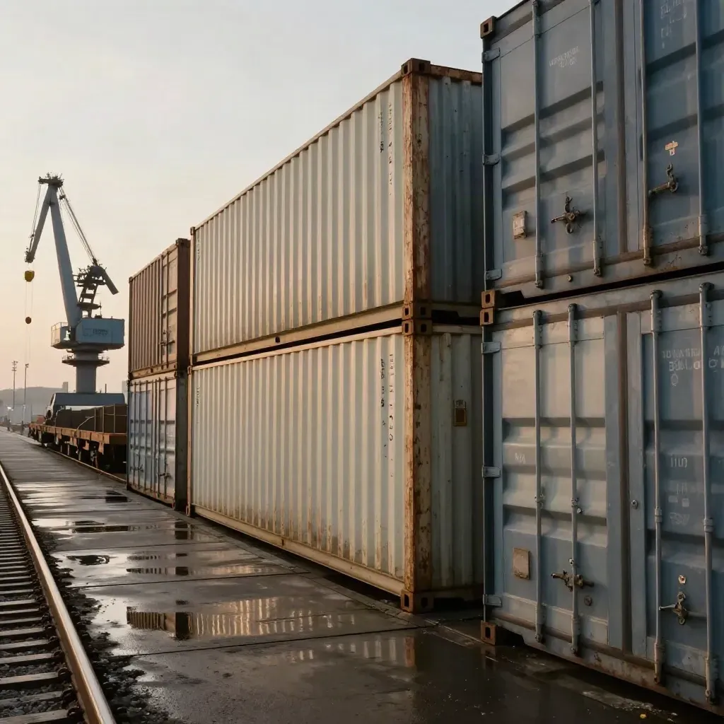Stacked shipping containers and a rail crane on a wet freight port yard in late-afternoon light.