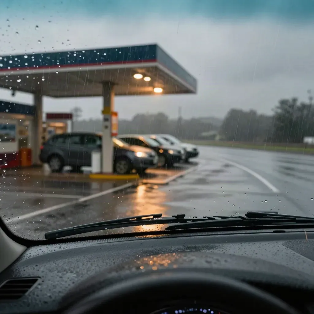 Rain-streaked car windshield at a highway rest stop under a dark storm wall.