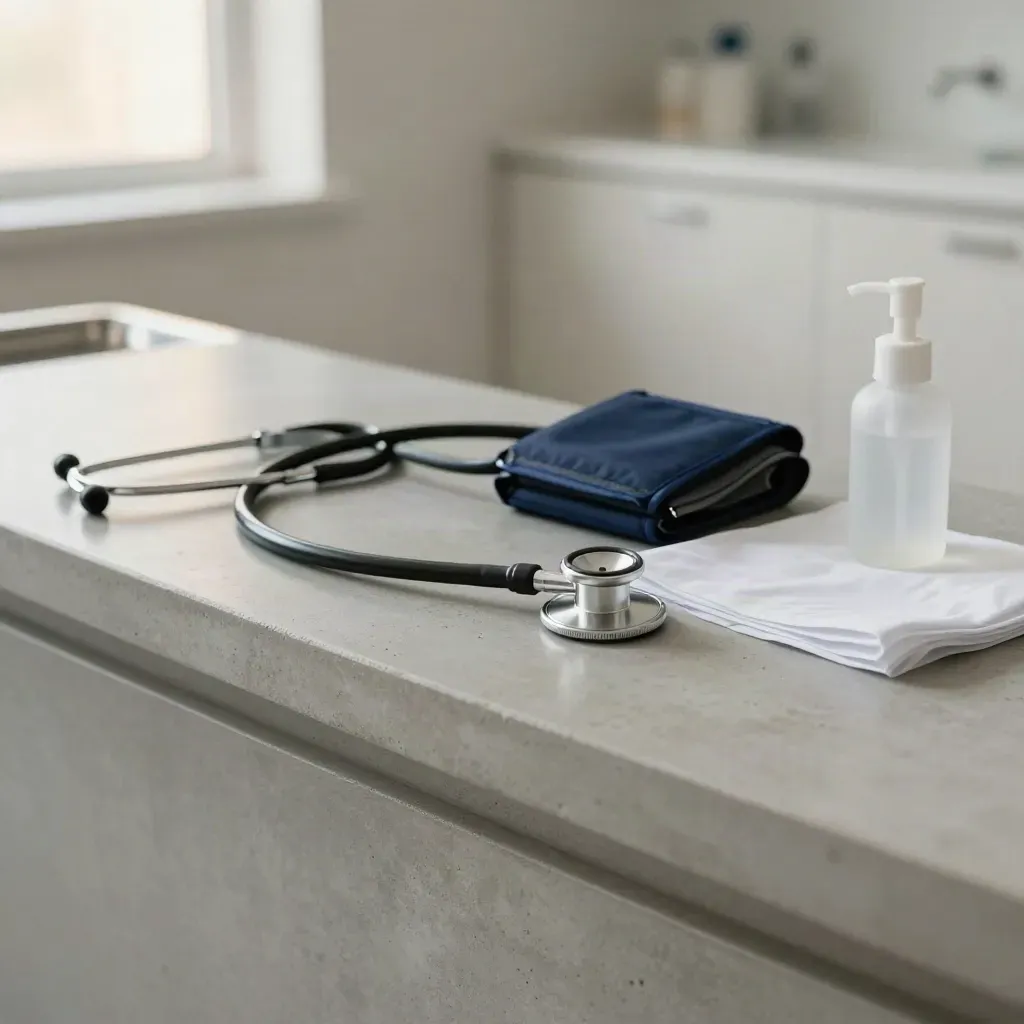 Clinic counter with stethoscope, blood-pressure cuff, sheet, and sanitizer under soft fluorescent bloom.