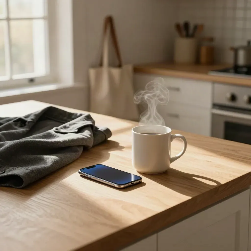 Steam rises from a coffee mug beside a phone, jacket, and tote in a warm morning kitchen.