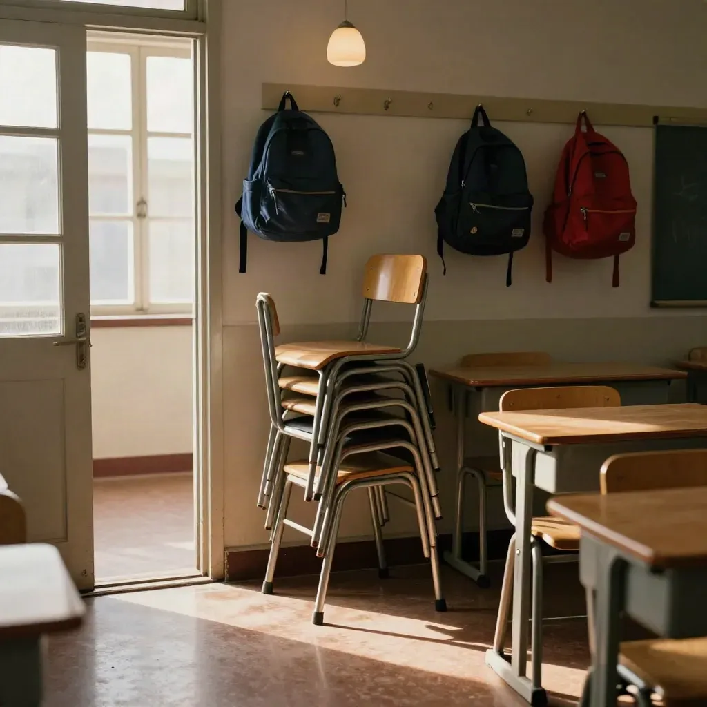 Empty classroom with stacked chairs, hanging backpacks, and sun stripes on the floor.
