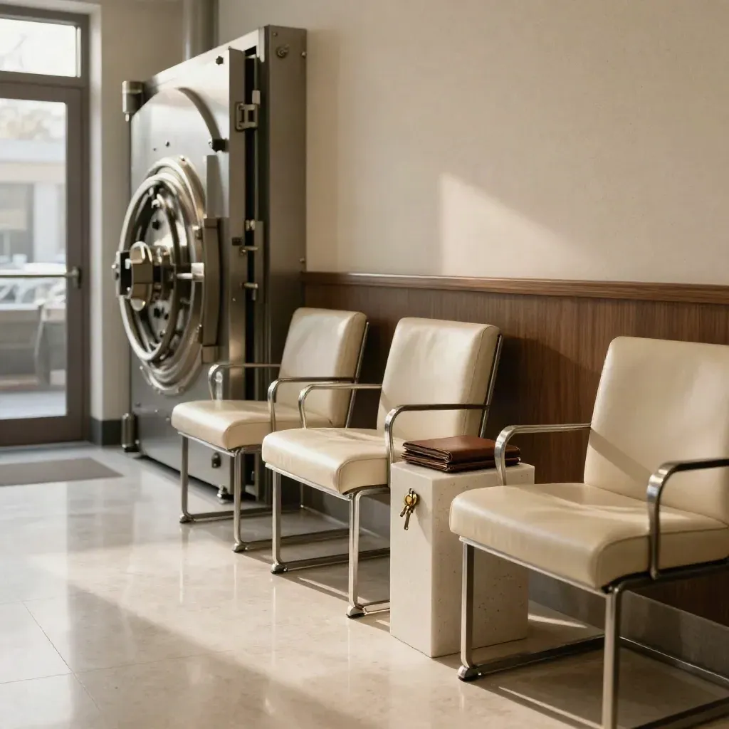 Quiet bank lobby at dawn with vault door, empty chairs, and keys on a side table