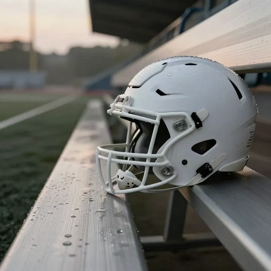 Wet football gear waits in a stadium tunnel at dusk, with cones and a bench in diagonal view.