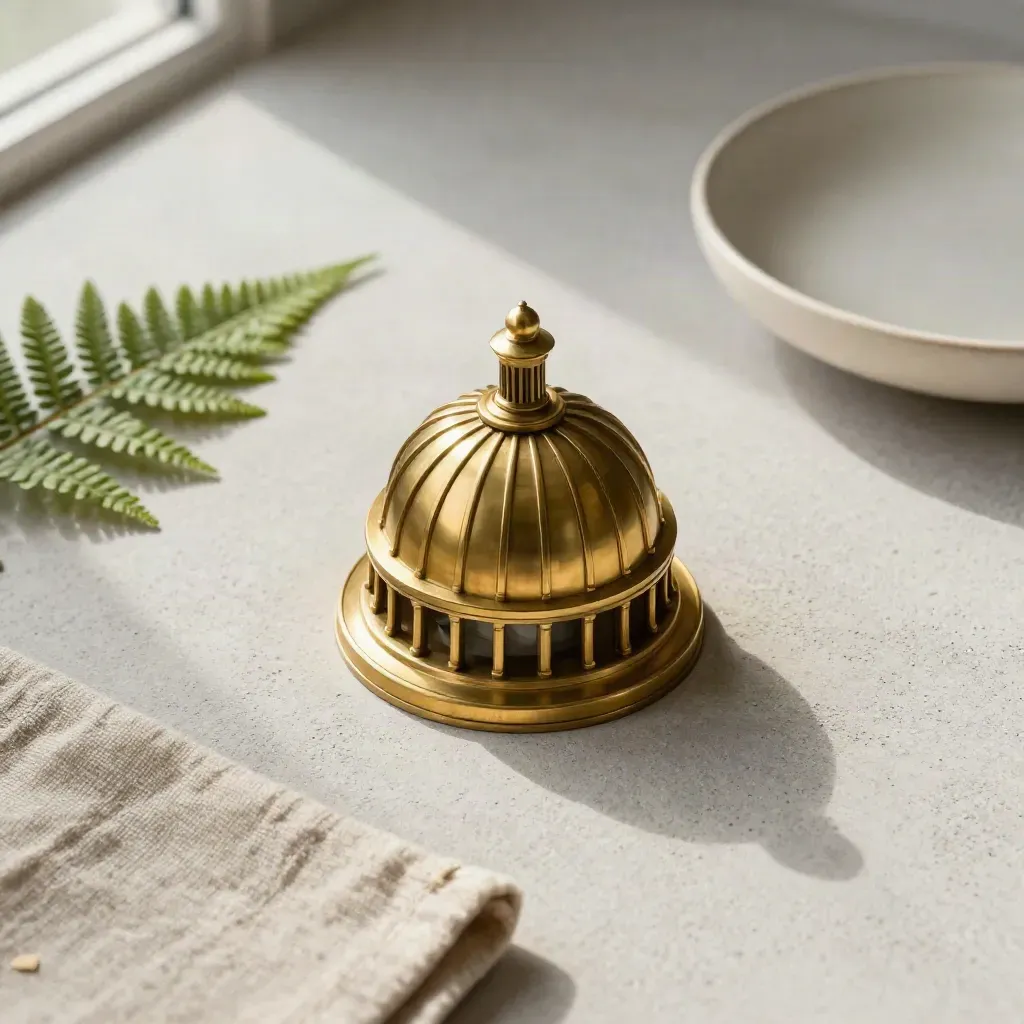 Brass Capitol dome paperweight with fern, linen, and ceramic dish on pale stone