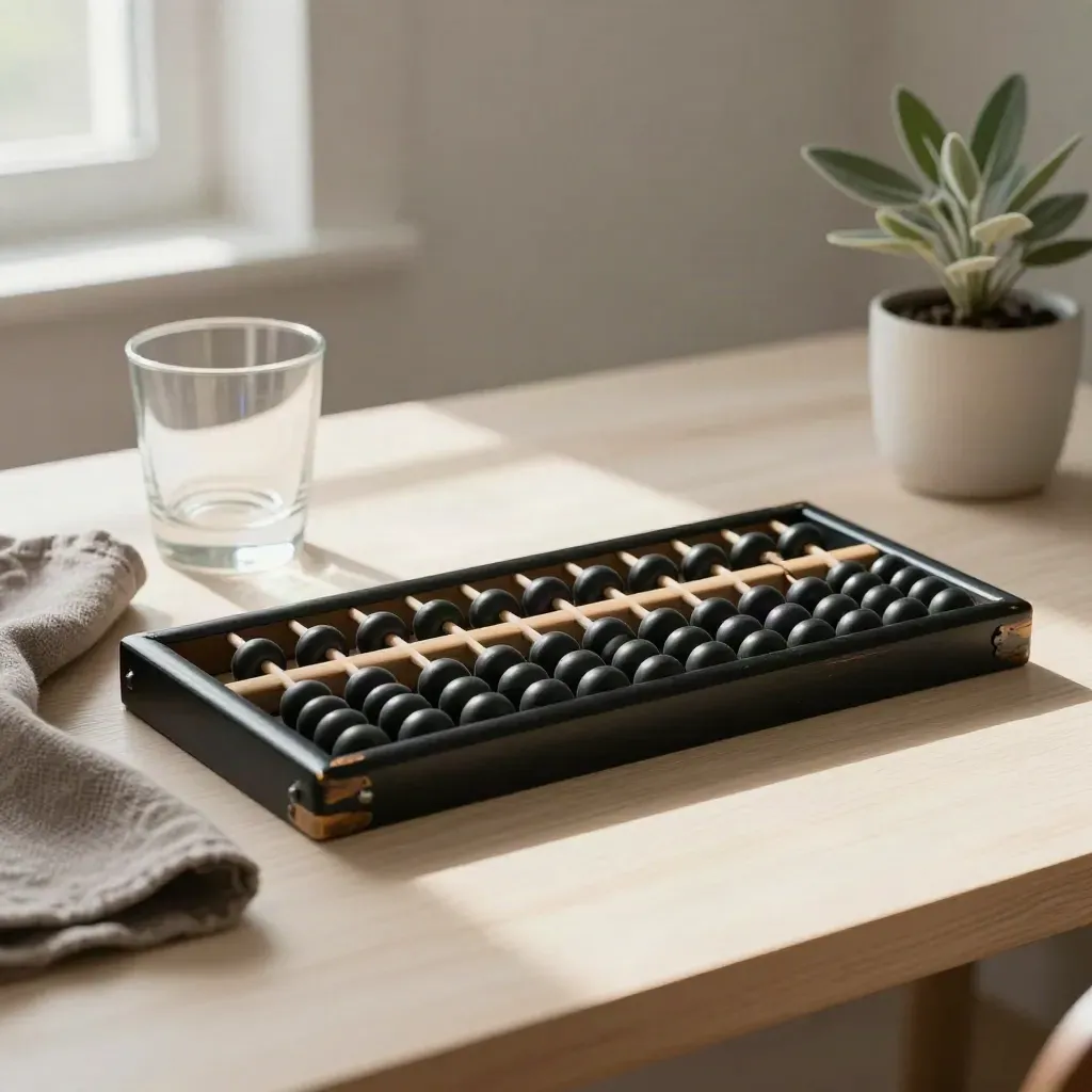 Matte black abacus with tumbler, cloth, and plant on pale wood in soft light.