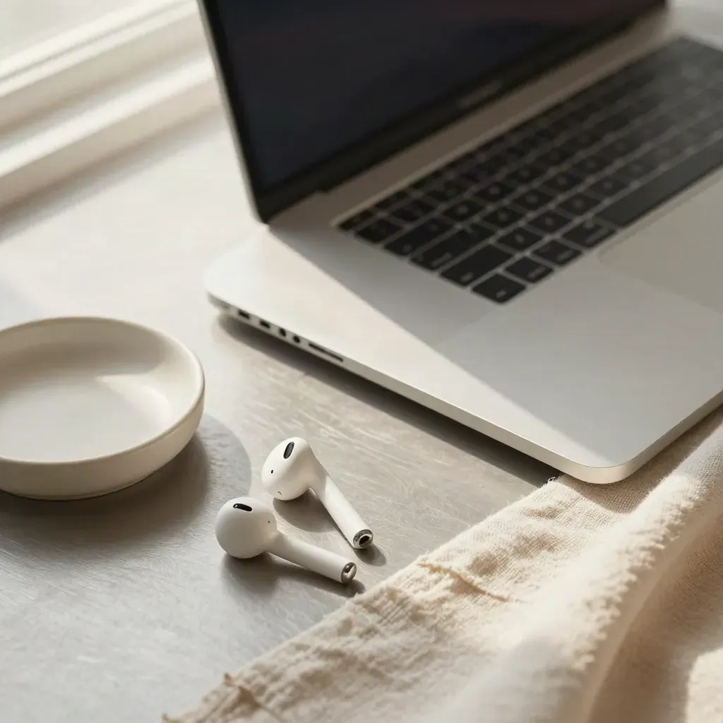 Closed silver laptop with earbuds, ceramic dish, and pale fabric on a brushed surface.