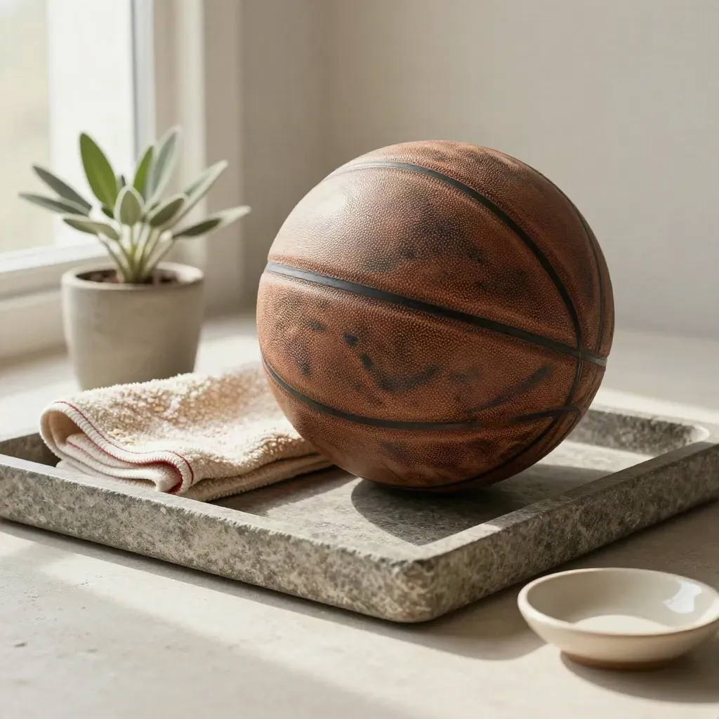 Worn basketball in stone tray with towel, plant, and ceramic dish