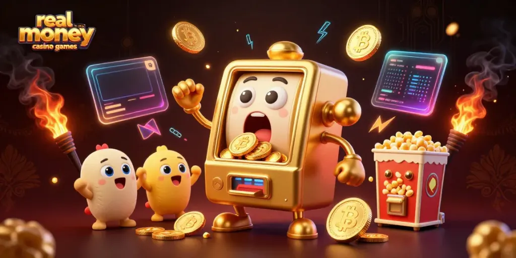 Experience thrilling real money casino games as a golden slot machine hits the jackpot.