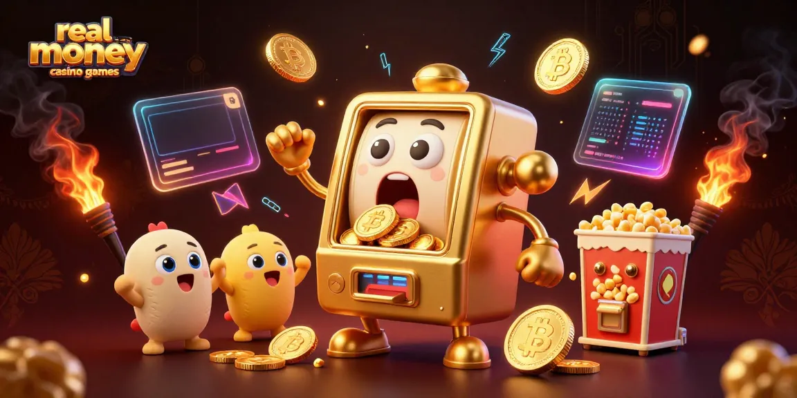 Experience thrilling real money casino games as a golden slot machine hits the jackpot.