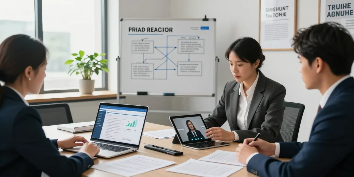Business professionals discussing document fraud detection software in a modern office setting.