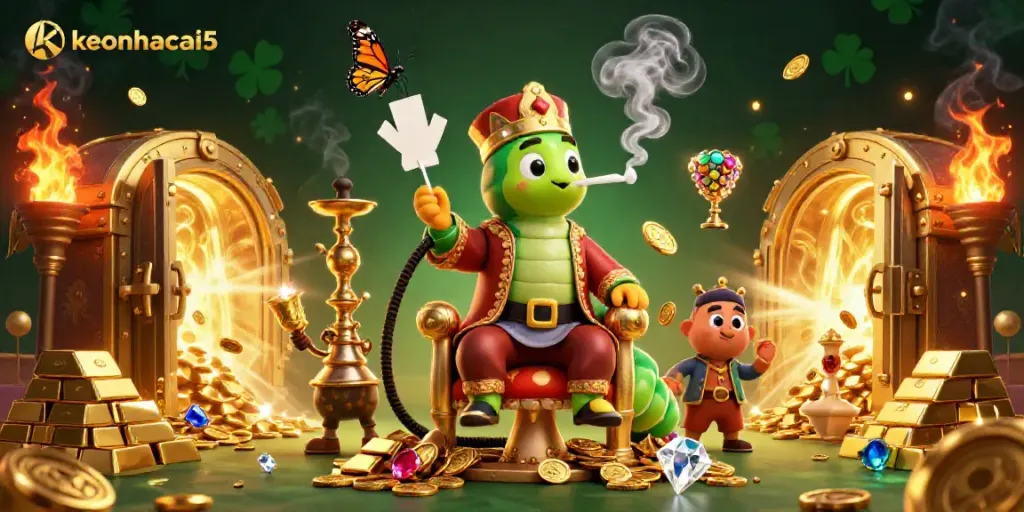 Experience keonhacai5 with a captivating 3D scene showcasing a magical caterpillar in a sultan outfit amid gold and poker symbols.