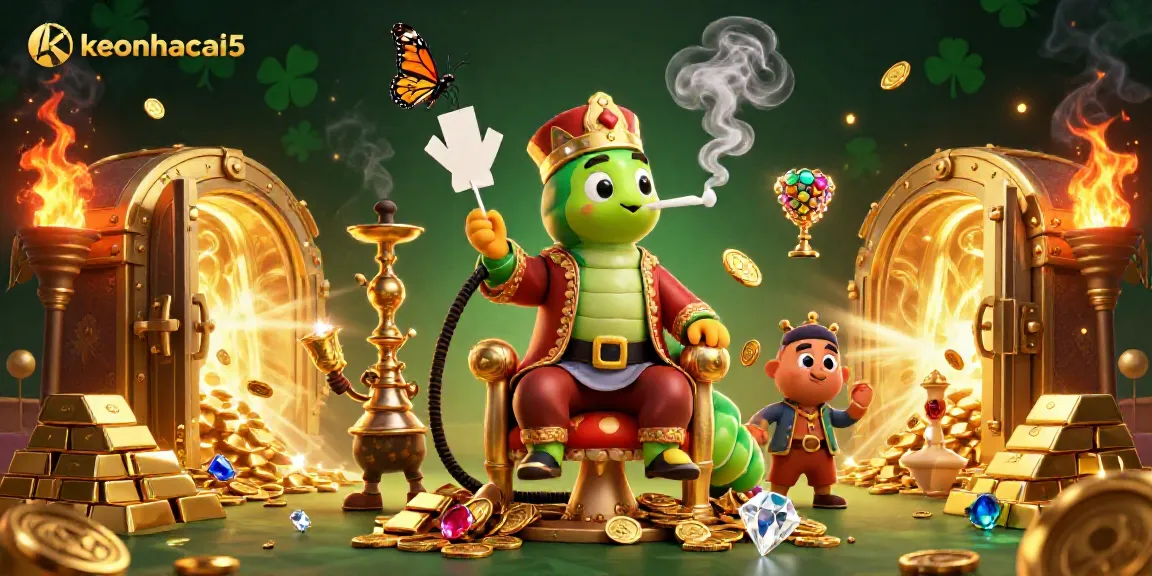 Experience keonhacai5 with a captivating 3D scene showcasing a magical caterpillar in a sultan outfit amid gold and poker symbols.
