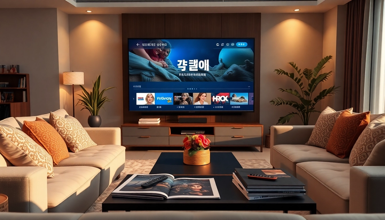 티비위키 누누티비를 보여주는 아늑한 거실 세팅, 현대적인 TV와 편안한 가구가 특징입니다.