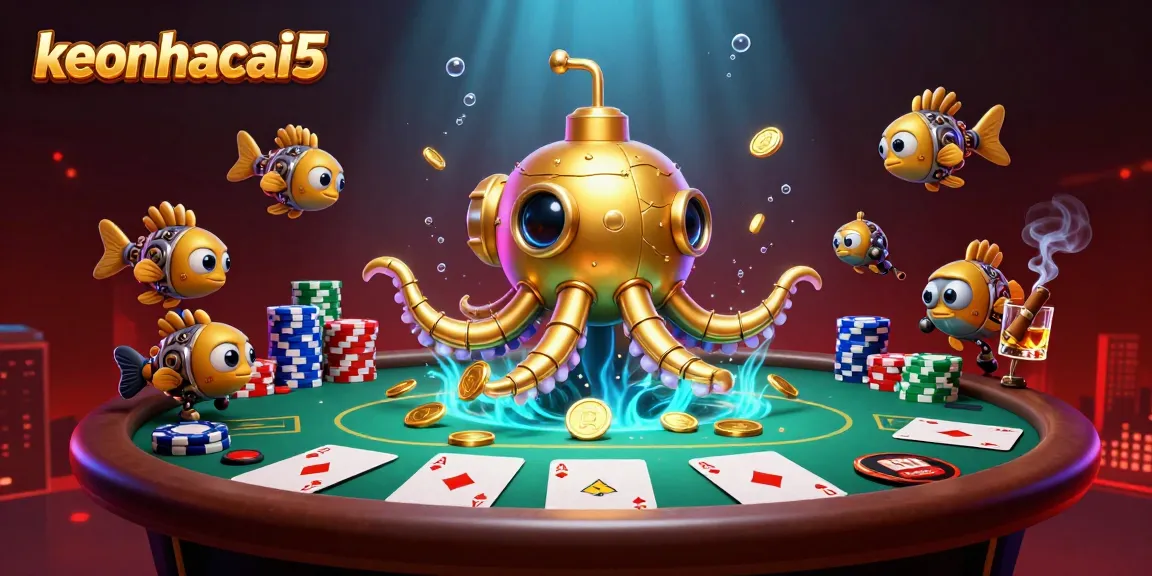 Engage with keonhacai5 as a golden kraken submarine emerges from coins, symbolizing rich gambling rewards.