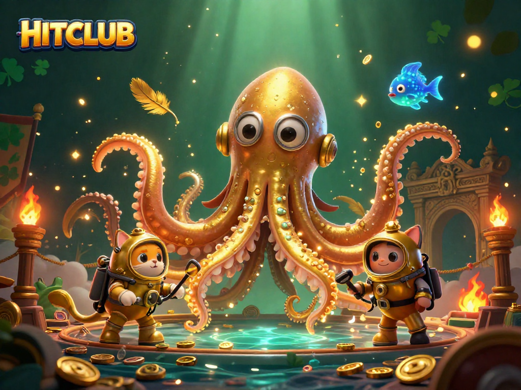 Engage in thrilling gameplay at HITCLUB, featuring a kraken, diving cat, and mystical fish.