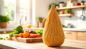 Showcasing kitchen loofah benefits, natural loofah on a cutting board beside fresh vegetables.