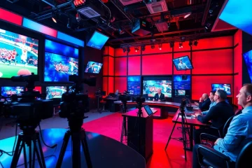 Engaging sports broadcasting studio with hosts and vibrant graphics during a live event.